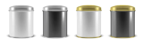 Vector realistic 3d white blank metal aluminium tin can containers with silver and gold cap different color - white and black - icon set closeup isolated on white background. Design template for — Stock Vector
