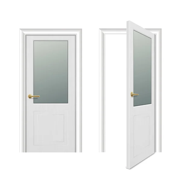 Vector realistische verschillende geopend en gesloten witte houten deur pictogrammenset close-up geïsoleerd op een witte achtergrond. Elementen van het platform. Ontwerpsjabloon voor graphics, Front view — Stockvector