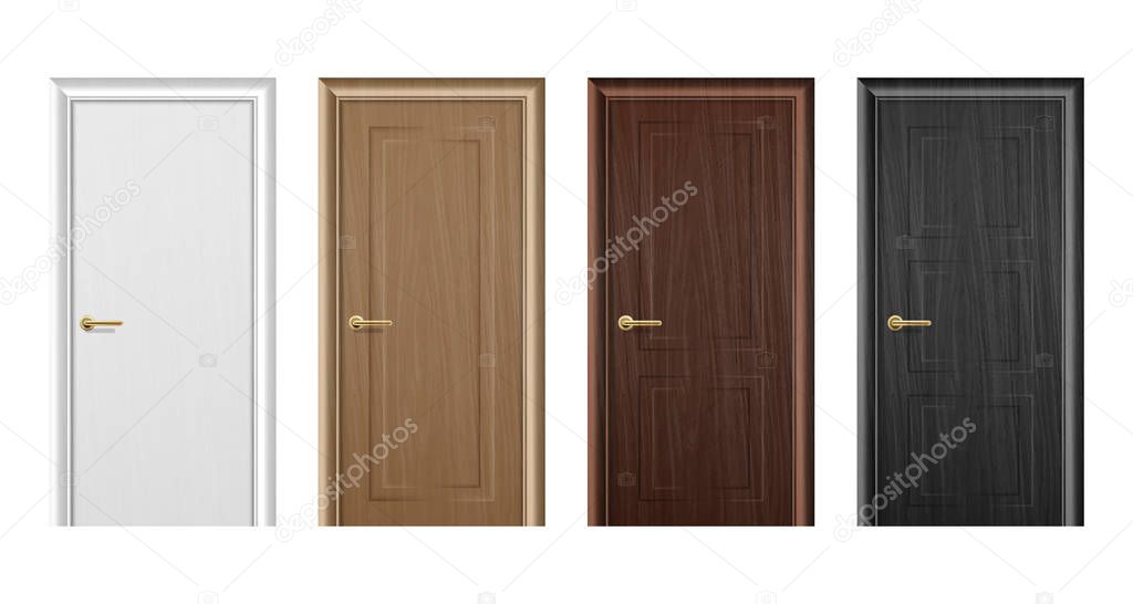 Vector realistic different closed white, brown and black wooden door icon set closeup isolated on white background. Elements of architecture. Design template for graphics. Colorful front doors to