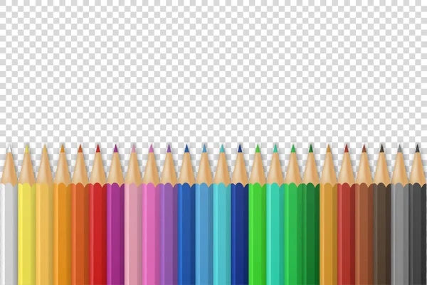 Sfondo vettoriale con realistiche matite colorate in legno 3D colorate o pastelli su sfondo griglia trasparente con spazio per messaggi o testi. Modello di design per tornare a scuola, creatività infantile — Vettoriale Stock