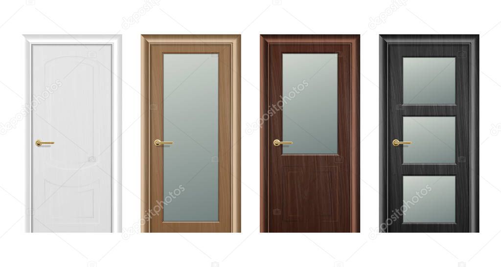 Vector realistic different closed white, brown and black wooden door icon set closeup isolated on white background. Elements of architecture. Design template for graphics. Colorful front doors to