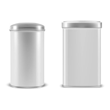 Vektör gerçekçi 3d beyaz boş metal alüminyum konserve kapları ile Gümüş dikdörtgen kap veya kare, oval şekil simgesi beyaz arka plan üzerinde izole closeup ayarla. Grafik tasarım şablonu