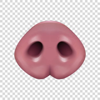 Vektör gerçekçi 3d pembe komik domuz simgesi closeup saydamlık ızgara arka plan üzerinde izole burun. Şirin çiftlik hayvan gövde bölümü öğesi. Grafikler, yeni yıl s kavramı için küçük domuzcuk tasarım öğesi