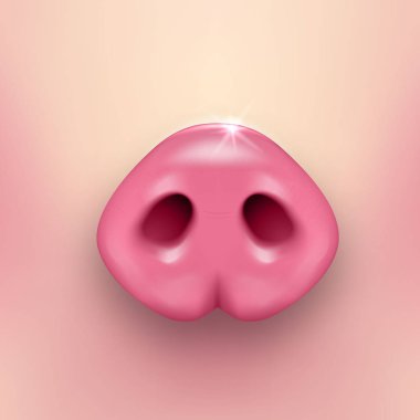 Vektör gerçekçi 3d pembe komik pembe domuzlar domuz deri arka plan üzerinde closeup burun. Şirin çiftlik hayvan gövde bölümü öğesi. Tasarım öğesi için grafik, afiş, kartpostallar vb küçük domuzcuk. Yeni yıl s
