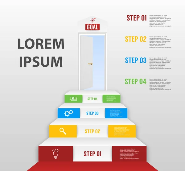 Vector infographics with four step options in material design style. Ladder to the goal and success with door. The concept of business and success. Template for infographics. It can be used as a chart — Stock Vector