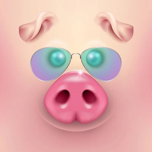 Vector background with 3d funny cartoon pig face with sunglasses closeup. Cute farm animal. Illustraration of small piglet head, design template for banners, postcards etc. New Year s of Pig 2019 — Stock Vector