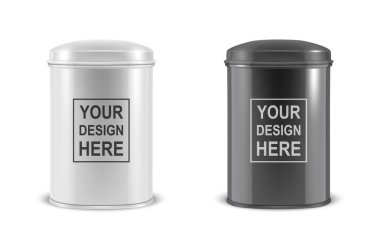 Vektör gerçekçi 3d beyaz ve siyah boş metal alüminyum çay teneke kap oval veya daire şeklinde izole closeup beyaz arka plan üzerinde kapsayıcıya. Tasarım şablonu mockup ambalaj bebek pudrası için