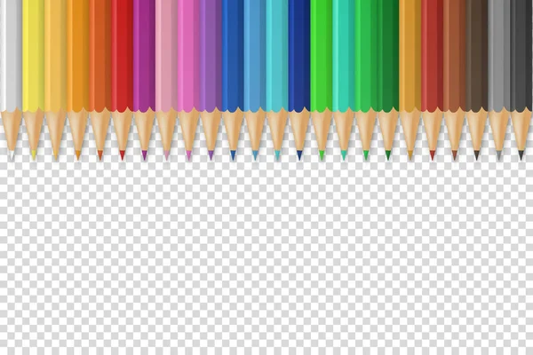 Vektorbakgrund med realistiska 3d trä färgglada färgpennor eller kritor på transparent bakgrund med plats för meddelande eller text. Penna set. Formgivningsmall för kreativitet koncept — Stock vektor