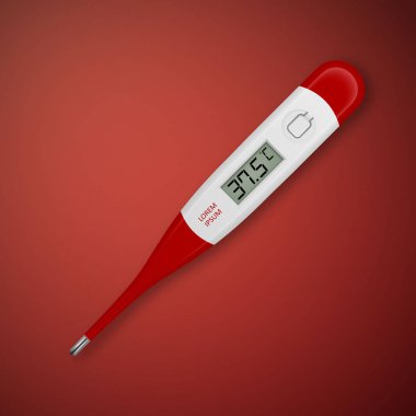 Vektör gerçekçi 3d kırmızı celsius elektronik Medikal termometre closeup kırmızı zemin üzerine ateş. Dijital termometre ateşi 37.5 gösterilen şablonu tasarlayın. Üstten görünüm. Sağlığı ve hastalıkları kavramı