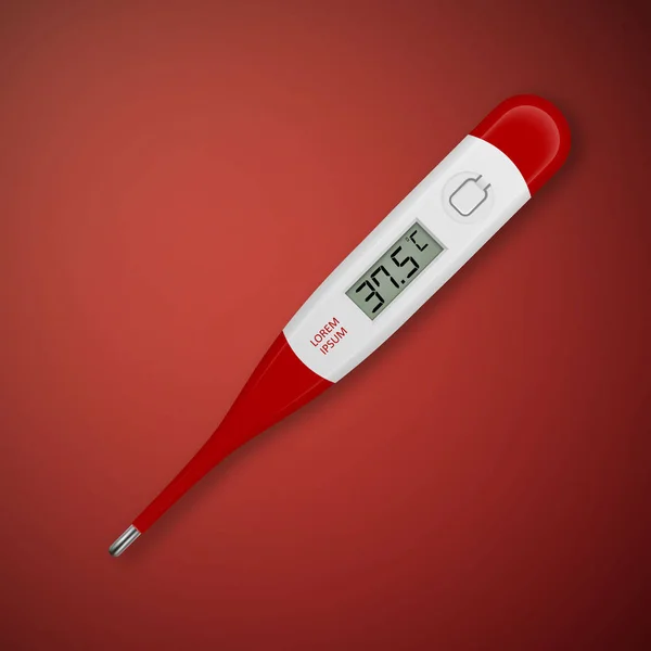 Vetor realista 3d vermelho febre celsius termômetro médico eletrônico closeup no fundo vermelho. Modelo de projeto do termômetro digital mostrando febre 37,5. Vista superior. Conceito de saúde e doenças —  Vetores de Stock