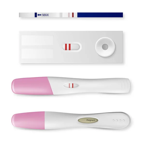 Vektor realistické 3d těhotenský test s pozitivním výsledkem nastavit ikonu detailní izolovaných na bílém pozadí. Různé typy testů, těhotná. Plánování, děťátko, mateřství a zdravotnické koncepce. Pohled shora — Stockový vektor
