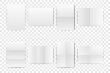 Gerçekçi beyaz boş dikey A4 katlanmış kağıt levha, Poster, kitapçık açıldı mock-up set closeup izole vektör. Boş kağıt kapağını veya el ilanı Mockup tasarım şablonu. Açık veya ana sayfa görünümü