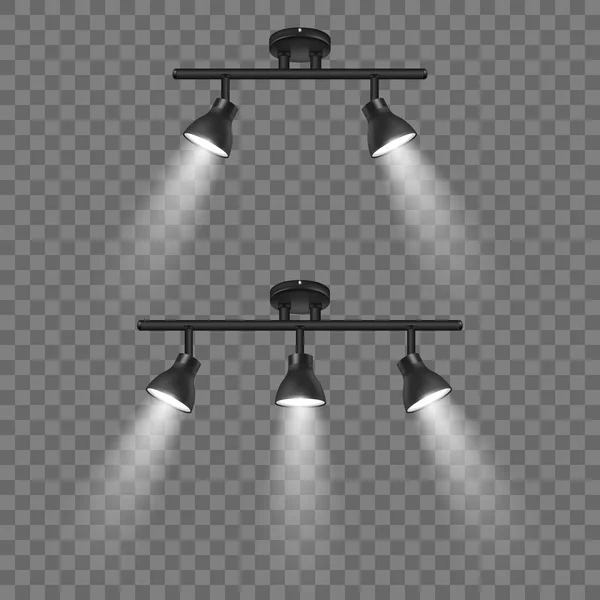 Projecteurs 3d noirs réalistes vectoriels placés dans différentes pentes, isolés sur un fond transparent. Modèle de conception de points lumineux lumineux avec effet de lumière pour la cérémonie, le spectacle, la scène, etc. — Image vectorielle
