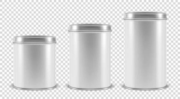 Vektör gerçekçi 3d beyaz boş Metal konserve konteyner üzerinde şeffaf arka plan izole kapatmak ayarlayın. Paketleme bebek toz süt, çay, kahve, Mısır gevreği vb, Mockup tasarım şablonu. Önden görünüm — Stok Vektör