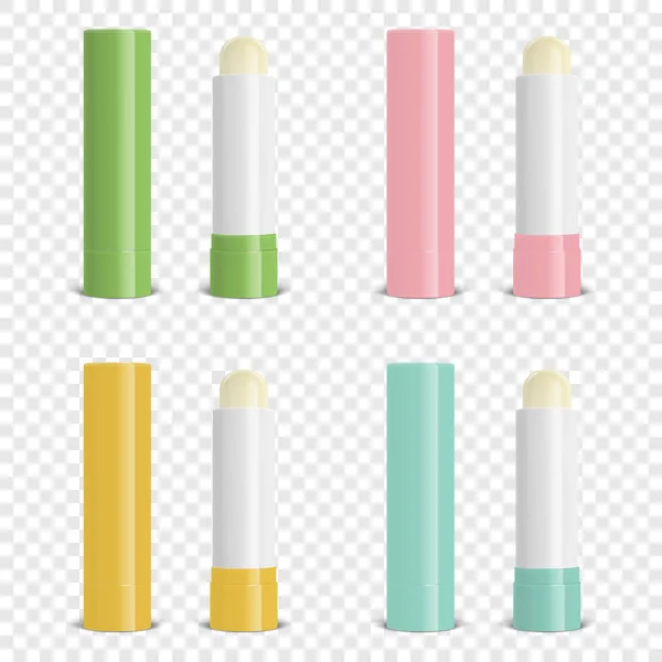 Vektor realistisches 3D Rohling Lippenbalsam Set geschlossen und geöffnet - grün, rosa, orange, blau. Nahaufnahme isoliert auf transparentem Hintergrund. Design-Vorlage für Kosmetikverpackungen, Lippenstift, Mockup — Stockvektor