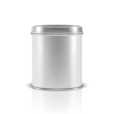 Beyaz arka plan üzerinde izole vektör gerçekçi 3d beyaz boş Metal konserve konteyner portre. Paketleme bebek toz süt, çay, kahve, Mısır gevreği vb, Mockup tasarım şablonu. Önden görünüm