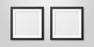 İki beyaz duvar Mock-up üzerinde gerçekçi Mofern iç siyah boş kare ahşap Poster resim çerçeve kümesi Closeup vektör. Boş Poster çerçeve tasarım şablonu Mockup, tanıtım, resim veya metin için