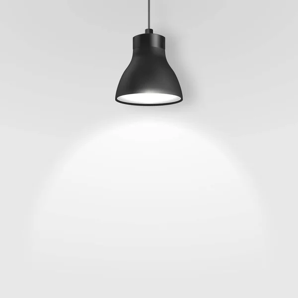 Vector réaliste 3d noir projecteur, suspension plafonnier ou lustre sur corde illuminant le mur sous elle Gros plan sur fond gris. Modèle de conception de lampe ponctuelle intérieure éclatante avec lumière — Image vectorielle