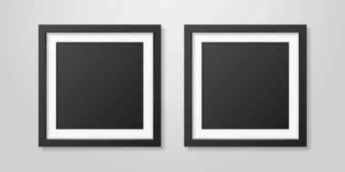 İki beyaz duvar Mock-up üzerinde gerçekçi Mofern iç siyah boş kare ahşap Poster resim çerçeve kümesi Closeup vektör. Boş Poster çerçeve tasarım şablonu Mockup, tanıtım, resim veya metin için