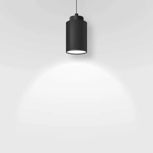 Vektor realistischen 3D-schwarzen Scheinwerfer, hängen Deckenlampe oder Kronleuchter auf Seil beleuchtet die Wand darunter Nahaufnahme auf grauem Hintergrund. Design-Vorlage der leuchtenden Innenspot-Lampe mit Licht — Stockvektor