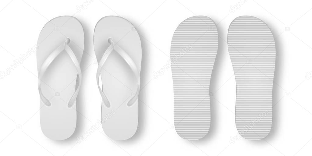 Vector Realistic 3d White Blank Empty Flip Flop Set Closeup Isolated on White Background. Design Template of Summer Beach Holiday Flip Flops Pair For Advertise, Logo Print, Mockup. Front and Back View