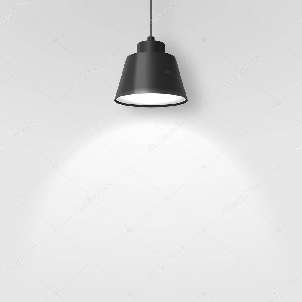 Vector Realistic 3d Black Spotlight, Hang Ceiling Lamp or Chandelier on Rope Illuminating the Wall Closeup on Grey Background. Design Template of Glowing Interior Spot Lamp with light.