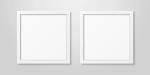 Dois vetores realista interior moderno branco vazio quadrado de madeira pôster quadro quadro Mock-up set close-up na parede branca. Modelo de Design de Quadros de Cartaz Vazio para Mockup, Apresentação, Imagem ou texto —  Vetores de Stock