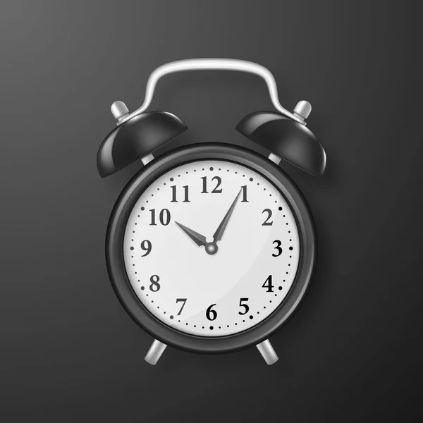 Vetor realista 3d preto retro relógio de alarme Closeup no fundo preto. Modelo de Design de Relógio de Alarme Vintage para Gráficos, Banners, Anuncie. Vista superior —  Vetores de Stock