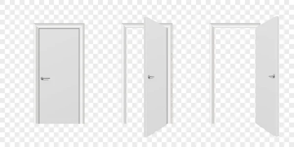 Vector Realistic Different Opened and Closed White Wooden Door Icon Set Closeup Isolated on Transparent Background. Elements of Architecture. Design Template of Modern Door for Graphics. Front View — Stock Vector