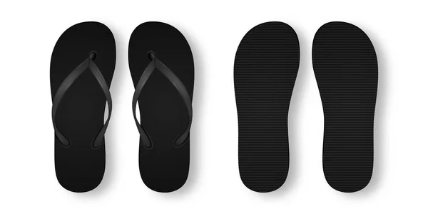 Vector Realistic 3d Black Blank Empty Flip Flop Set Closeup Isolated on White Background. Design Template of Summer Beach Flip Flops Pair For Advertise, Logo Print, Mockup. Front and Back View — Stock Vector