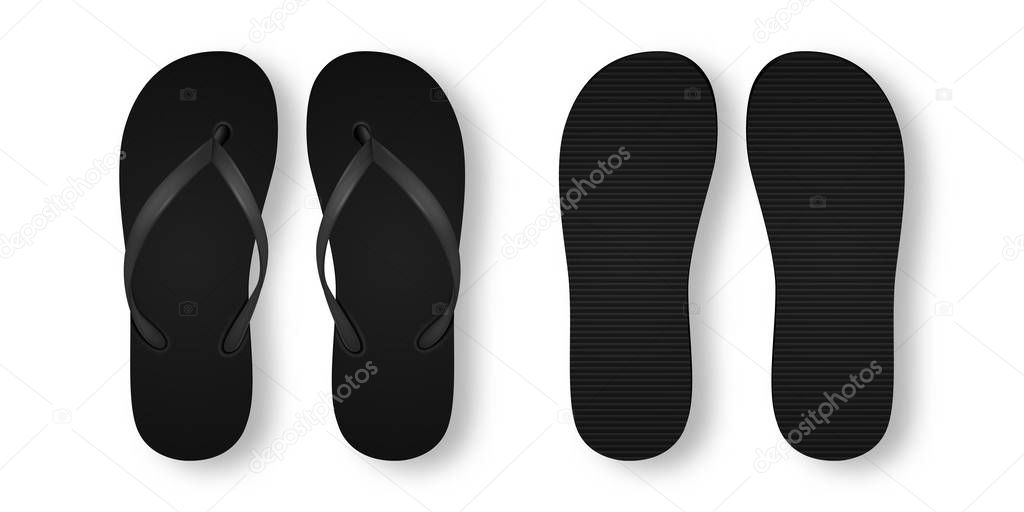Vector Realistic 3d Black Blank Empty Flip Flop Set Closeup Isolated on White Background. Design Template of Summer Beach Flip Flops Pair For Advertise, Logo Print, Mockup. Front and Back View.