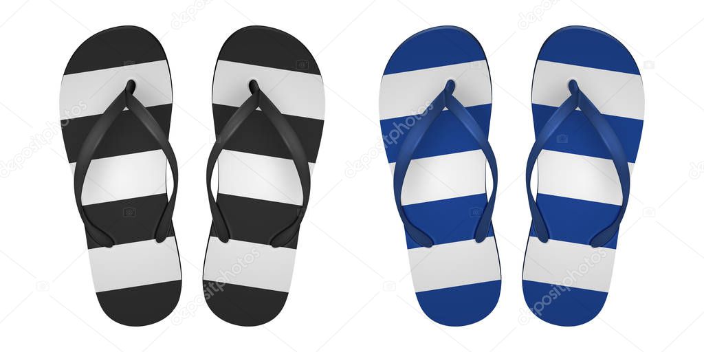 Vector Realistic 3d striped Flip Flop Set Closeup Isolated on White Background. Design Template of Summer Beach Holiday Flip Flops Pair For Advertise, Logo Print, Mockup. Front View.