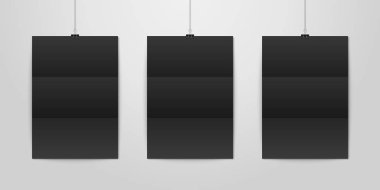 Üç vektör gerçekçi siyah boş dikey A4 katlanmış kağıt Poster asılı bir ip ile cilt küçük beyaz duvar mock-up açık olarak ayarlayın. Grafik, Mockup için boş Poster tasarım şablonu