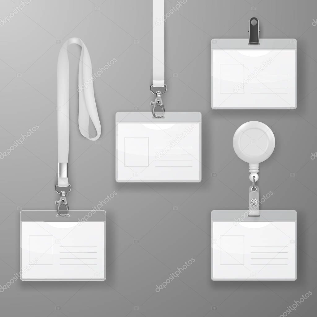 Vector Realistic Blank Office Graphic Id Card Set with Clasp, Holder Cllip and Lanyard Set Closeup Isolated. Design Template of Identification Card for Mockup. Identity Card Mock-up in Top view