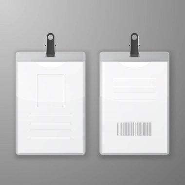 Grafik kimlik kartları ile toka sahibi Cllip Closeup izole iki vektör gerçekçi boş ofisi. Ön ve arka tarafı. Tasarım şablonu Mockup için kimlik kartı. Kimlik kartı Mock-up en iyi görünümü