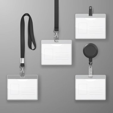 Vector Realistic Blank Office Graphic Id Card Set with Black Clasp, Holder Cllip and Lanyard Set Closeup Isolated. Design Template of Identification Card for Mockup. Identity Card Mock-up in Top view clipart