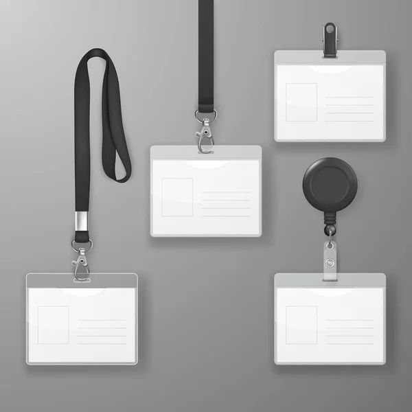 Vector Realistic Blank Office Graphic Id Card Set with Black Clasp, Holder Cllip and Lanyard Set Closeup Isolated. Design Template of Identification Card for Mockup. Identity Card Mock-up in Top view — Stock Vector