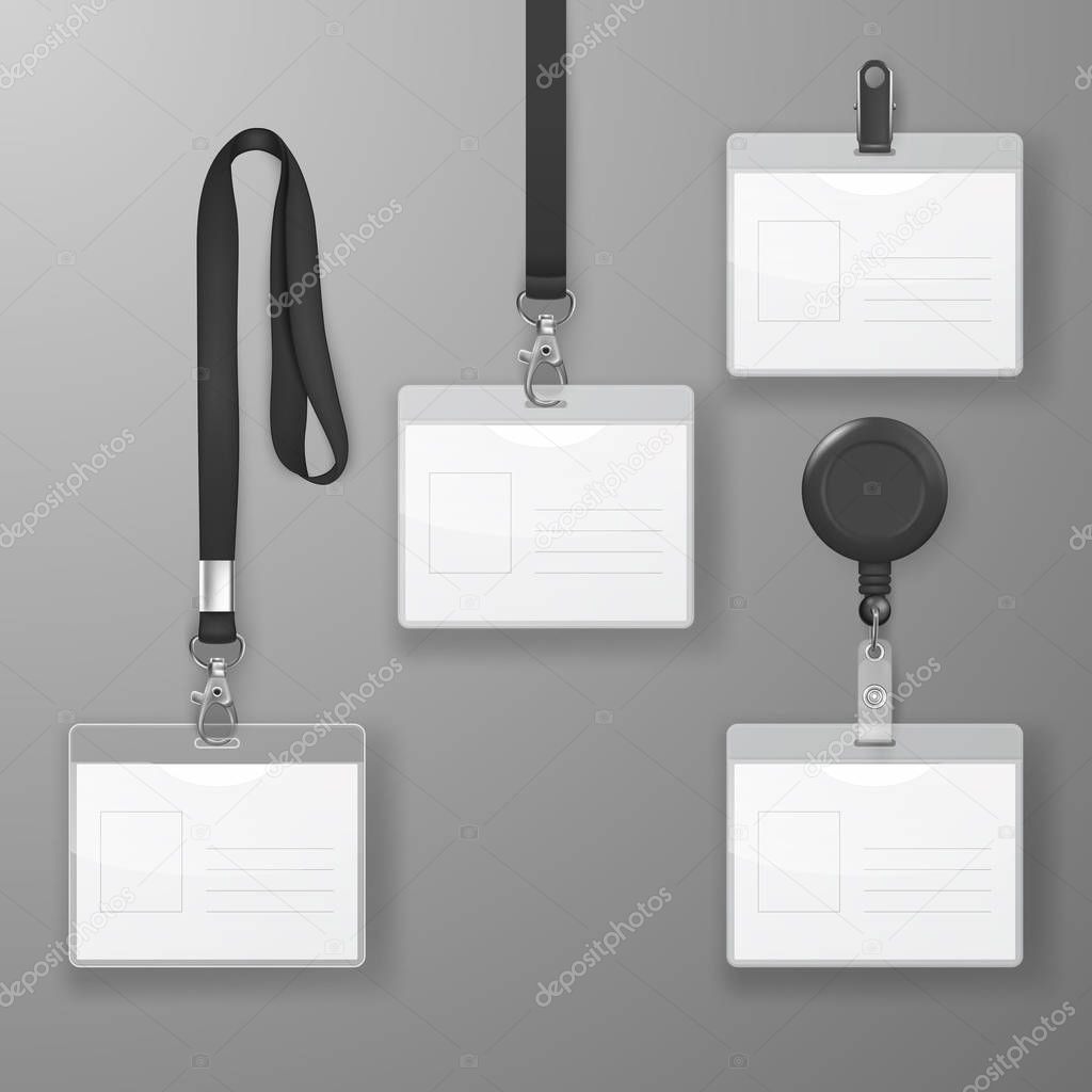 Vector Realistic Blank Office Graphic Id Card Set with Black Clasp, Holder Cllip and Lanyard Set Closeup Isolated. Design Template of Identification Card for Mockup. Identity Card Mock-up in Top view