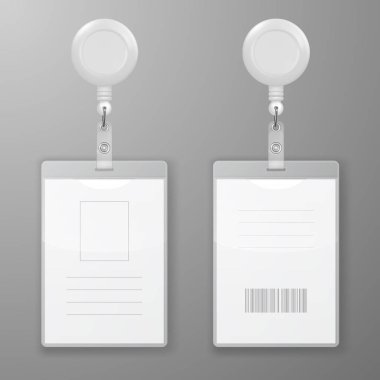 Vector Realistic Blank Office Graphic Id Cards with Round Clasp Reel Holder Clip Closeup Isolated. Front, Back Side. Design Template of Identification Card for Mockup. Identity Card Mock-up. Top View clipart