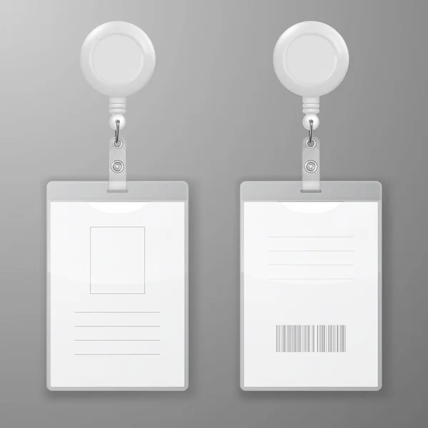 Векторная резина Blank Office Graphic Id Cards с круглым рулонным держателем Clip Cup Isolated. Спереди, сзади. Дизайн шаблона карты для макета. Образец удостоверения личности. Вид сверху — стоковый вектор