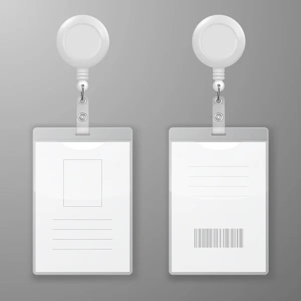 Tarjetas gráficas de identificación gráfica de oficina en blanco realistas vectoriales con cierre redondo Soporte de carrete Clip Aislado de primer plano. Al frente, atrás. Plantilla de Diseño de la Tarjeta de Identificación para Mockup. Carnet de identidad Mock-up. Vista superior — Vector de stock