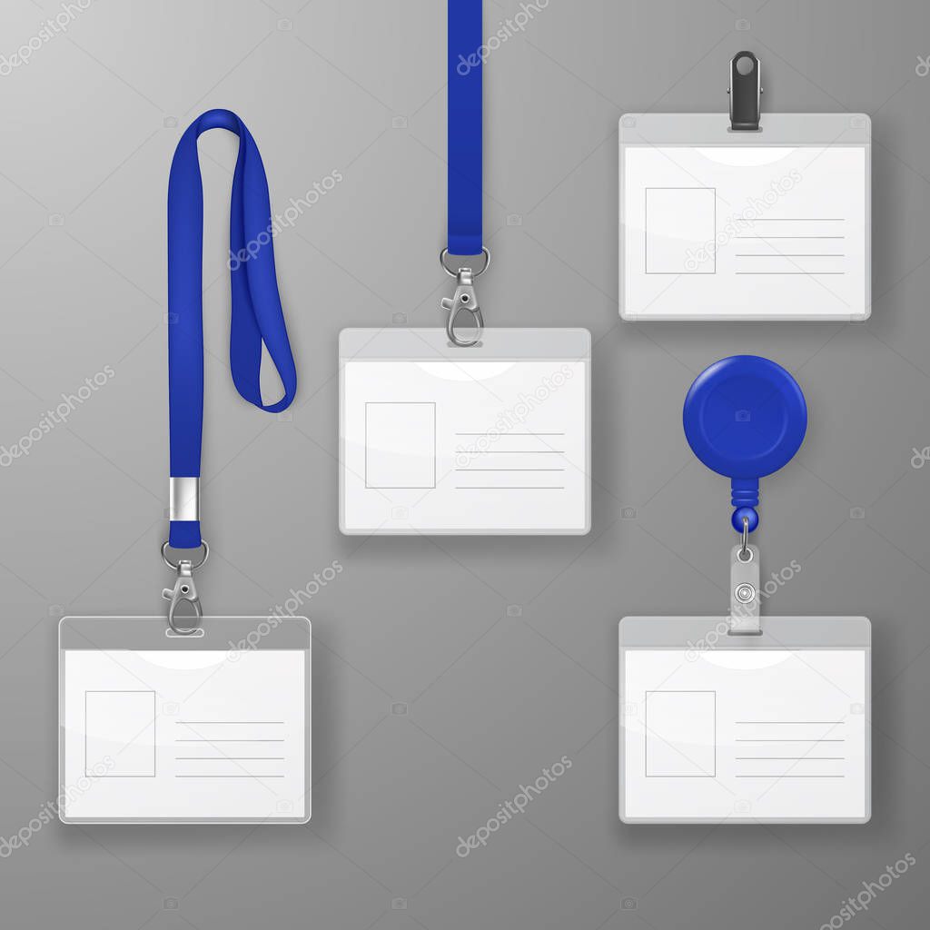 Vector Realistic Blank Office Graphic Id Card Set with Blue Clasp, Holder Cllip and Lanyard Set Closeup Isolated. Design Template of Identification Card for Mockup. Identity Card Mock-up in Top view