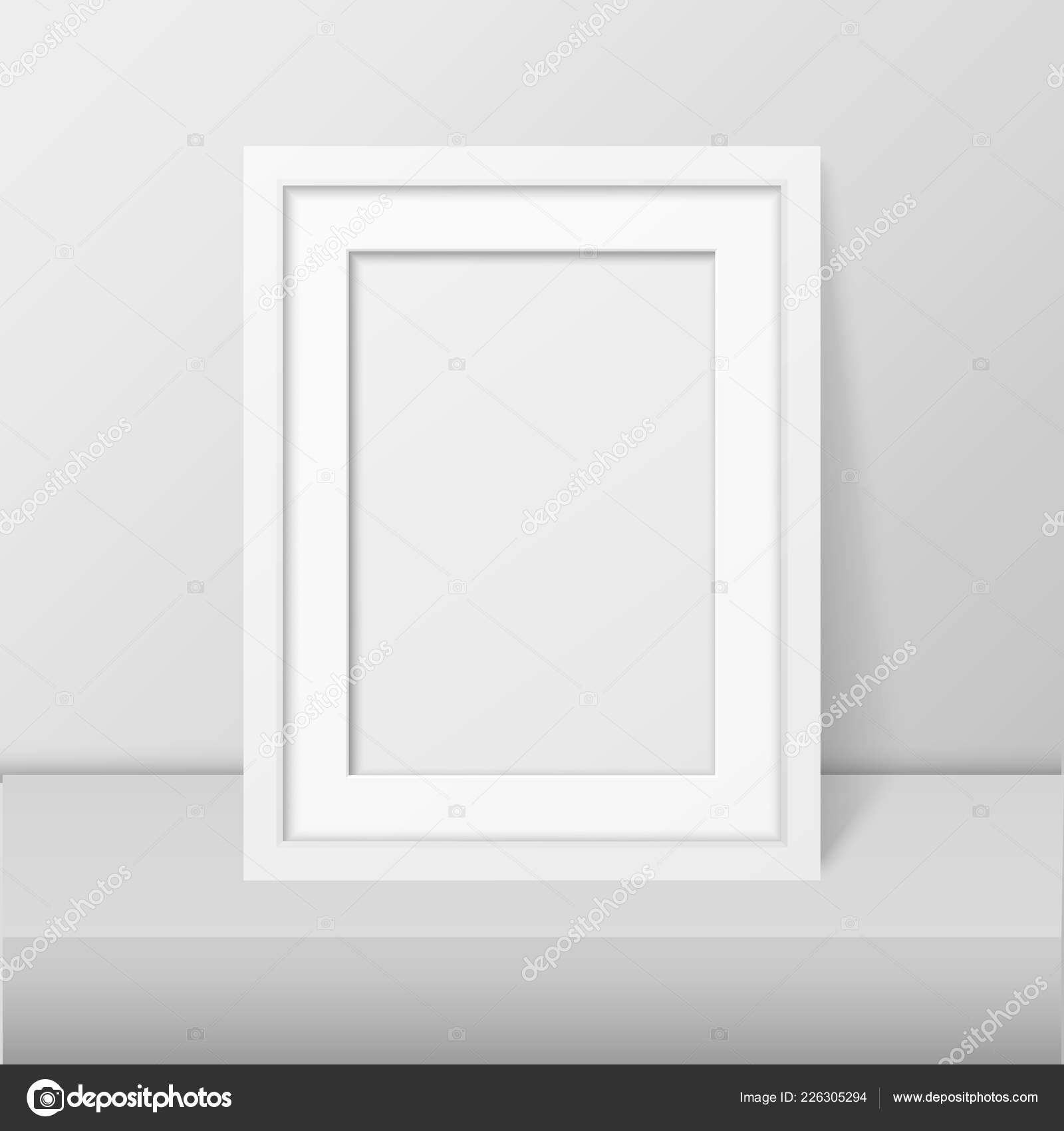 Download Vector 3d Realistic Modern Interior White Blank Vertical A4 Wooden Poster Picture Frame On Table Or Shelf Closeup On White Wall Mock Up Empty Poster Frame Design Template For Mockup Presentation Stock Vector