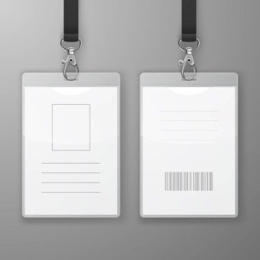 Two Vector Realistic Blank Office Graphic Id Cards with Clasp and Lanyard Closeup Isolated. Front and Back Side. Design Template of Identification Card for Mockup. Identity Card Mock-up in Top View clipart