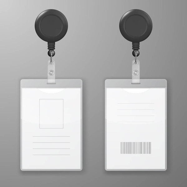 Vector Realistic Blank Office Graphic Id Cards with Round Clasp Reel Holder Clip Closeup Isolated. Front, Back Side. Design Template of Identification Card for Mockup. Identity Card Mock-up. Top View