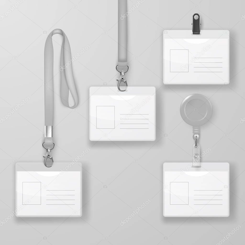 Vector Realistic Blank Office Graphic Id Card Set with Gray Clasp, Holder Cllip and Lanyard Set Closeup Isolated. Design Template of Identification Card for Mockup. Identity Card Mock-up in Top view.