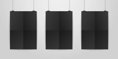 Üç vektör gerçekçi siyah boş dikey A4 katlanmış kağıt Poster asılı bir ip ile cilt küçük beyaz duvar mock-up açık olarak ayarlayın. Grafik, Mockup için boş Poster tasarım şablonu