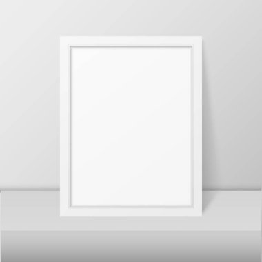 3D gerçekçi Modern iç beyaz boş dikey A4 ahşap Poster resim çerçeve tablo veya raf Closeup beyaz duvar, tasarlamak vektör. Mockup, sunum için boş Poster çerçeve tasarım şablonu