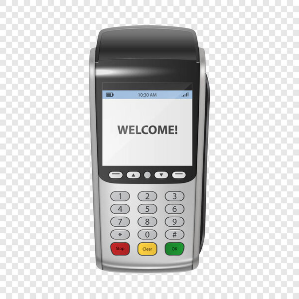 Vector Realistic Silver 3d Payment Machine. POS Terminal Closeup Isolated on Transparency Grid Background. Design Template of Bank Payment Terminal for Mockup. Processing NFC payments device. Top View