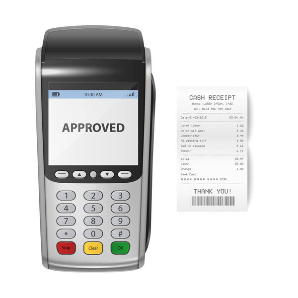 Vector Realistic Silver 3d Payment Machine. POS Terminal with Receipt Closeup Isolated on White Background. Design Template of Bank Payment Terminal, Mockup. Processing NFC payments device. Top View